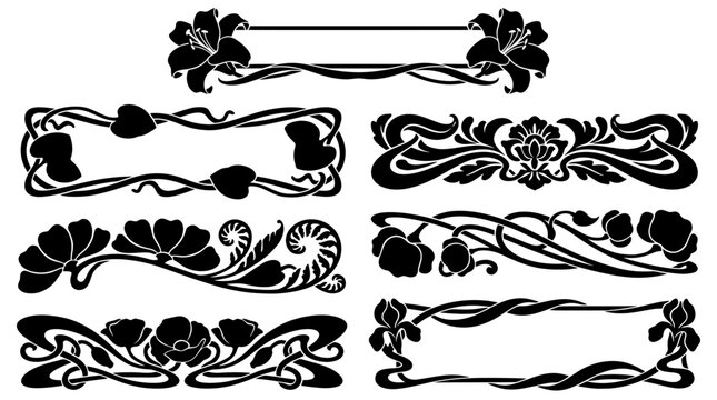 Set of black Art Nouveau floral borders and vintage silhouette frames. Elegant botanical dividers for wedding invitations and classic designs