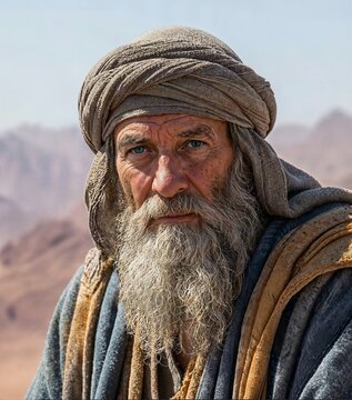 Portrait of a wise elderly Middle Eastern man wearing a traditional ancient turban and robe with a desert background