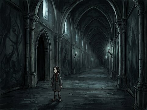 Atmospheric haunting cartoon horror of a young woman lost in endless dark emptiness, wide horizontal format evoking deep fear of isolation with beautiful moody scale.