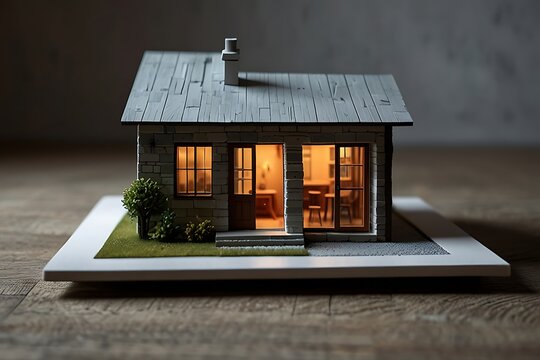 Cozy miniature house model with glowing windows on a table indoors warm lighting small tree gray roof and white base symbolizing home and comfort