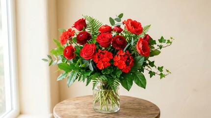 Fototapeta premium A beautiful bouquet of roses sits on a wooden table by a window.