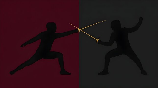 Two Fencers in Silhouette Competing in a Sword Fighting Duel