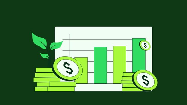 Growing bar chart with stacked coins in 2D animation style on dark background. Smooth financial motion graphic representing business growth, profit increase,