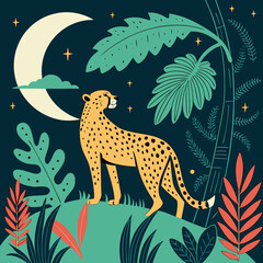 Stylized nighttime jungle illustration featuring a majestic cheetah under a crescent moon, depicting African wildlife in a vibrant, flat vector art style suitable for various design projects © art vector
