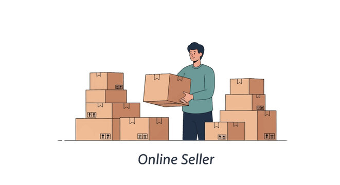 Vector illustration of a male online seller character standing amidst numerous cardboard boxes and stacked parcels, holding one package while preparing for business order shipping.