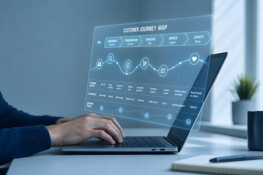 Typing on laptop with holographic customer journey map