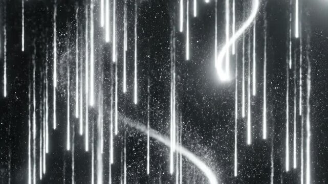 A dramatic black background features streaks of bright white light resembling falling stars or rain, creating a dynamic and ethereal visual effect.