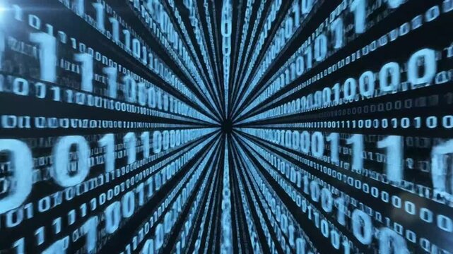 Binary code digital tunnel highlighting artificial intelligence and digital evolution