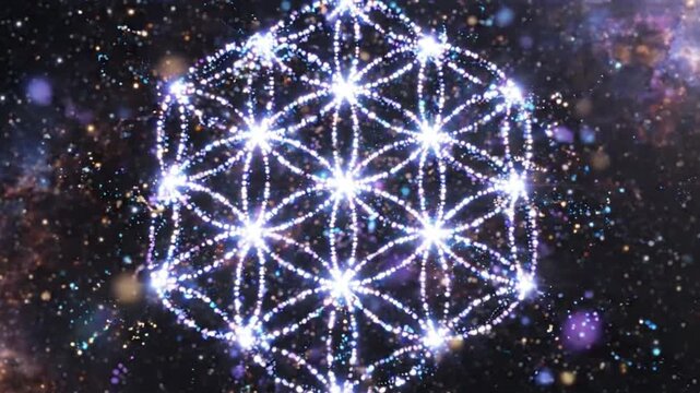 Sacred Geometry Flower of Life glowing geometric pattern in cosmic starry nebula background