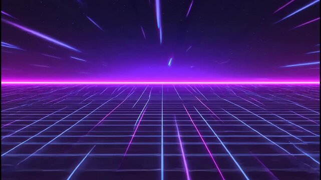 A glowing neon grid recedes into a star-filled purple sky with light beams