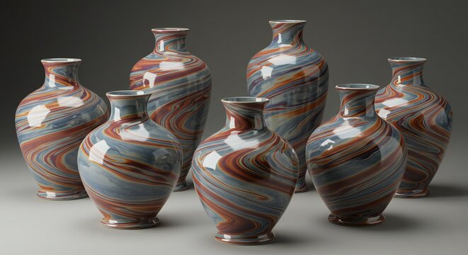 Seven decorative vases with swirling patterns are displayed on a surface indoors.