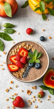 Maca powder smoothie bowl with granola and fruit, nutritious, plant-based