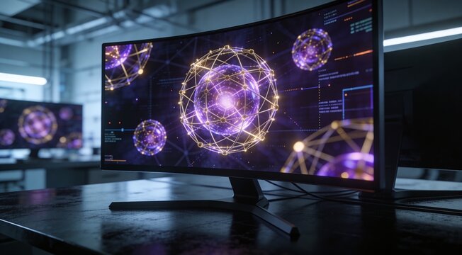 Enterprise quantum computing research setup with curved monitor and abstract qubit visualization in a dark innovation lab, premium advanced computing background for deep tech strategy