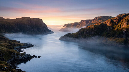 Fototapeta premium Velvet dawn sea strait with cool blue water warm cliffs and subtle fog layers coastal