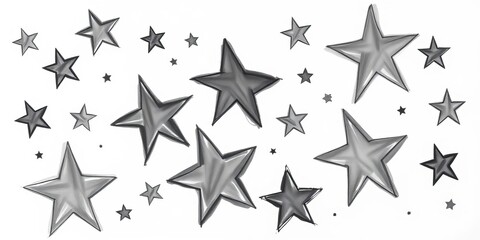 Obraz premium Whimsical, unevenly sized stars sketched in charcoal, varying shades of gray on white background, ink, sky