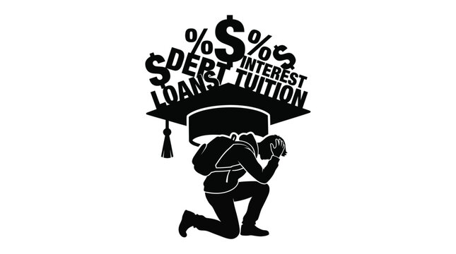 Stressed student kneeling under heavy burden of student loans and tuition debt in this conceptual image