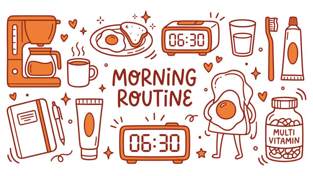 Morning routine daily schedule set with coffee alarm clock breakfast and hygiene products.