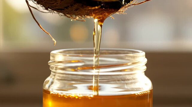 Natural coconut oil pouring from shell into a glass jar
