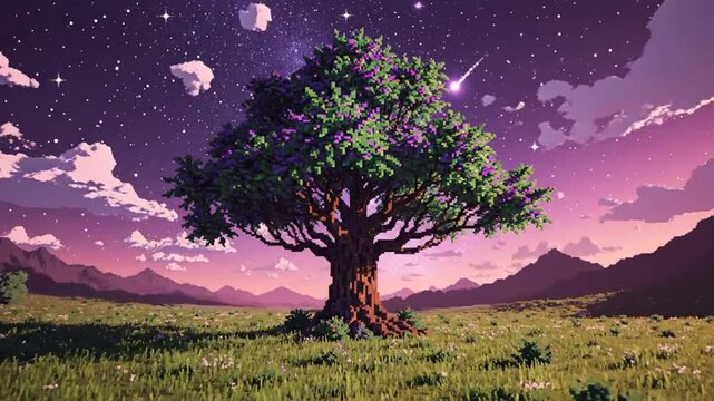 Pixel art tree under starry sky perfect for scenic backgrounds and natural storytelling