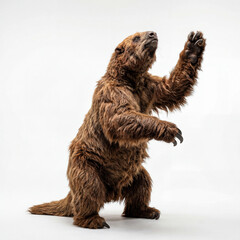 Fototapeta premium Dramatic giant ground sloth with shaggy fur reaching pose and hyperreal prehistoric realism museum art