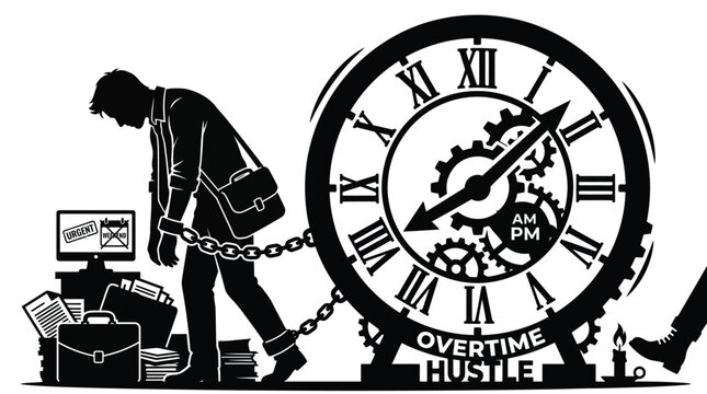 Exhausted employee chained to a massive clock representing the overwhelming pressure of constant professional overtime work