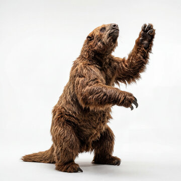 Dramatic giant ground sloth with shaggy fur reaching pose and hyperreal prehistoric realism museum art