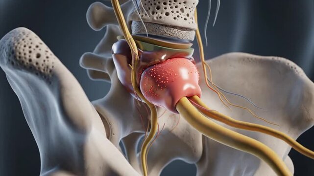 Ultra detailed medical animation showing herniated disc in lumbar spine pressing on nerve root close up anatomy swollen inflamed region subtle motion illustrating pressure realistic bone pores and dis