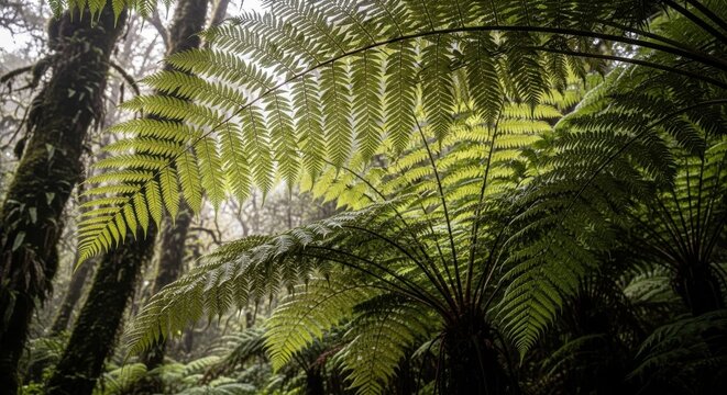 Lush tree fern foliage in a dappled forest light