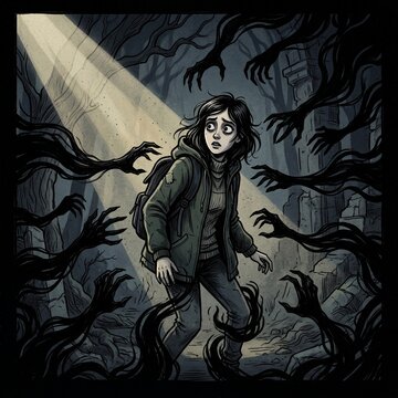 Intense haunting cartoon horror of a young woman threatened by shadowy hands emerging from the dark, square format with strong beautiful emotional fear impact.