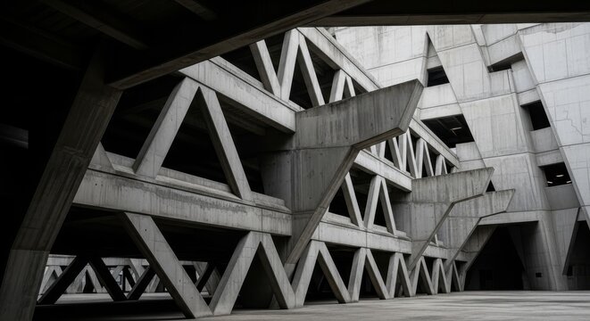 Geometric concrete buttresses form a brutalist architectural facade with strong angular lines