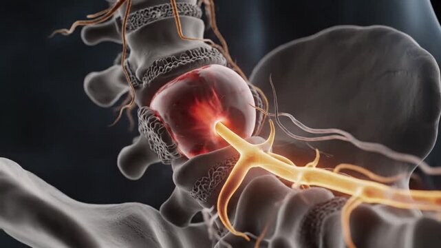 High quality 3D medical animation lumbar spine segment herniated disc bulging pressing nerve root inflamed glowing area subtle pulsing motion realistic anatomy textures cinematic lighting dark backgro
