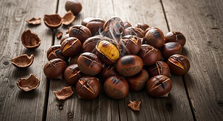 Obraz premium Roasted chestnuts on wooden surface for culinary and food related concepts