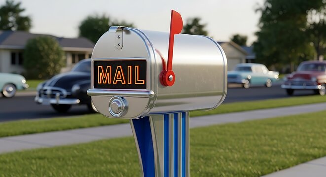 Shiny chrome mailbox with flag raised on suburban street scene