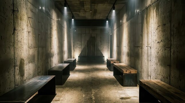 Moody Industrial Concrete Hallway with Minimalist Seating and Dramatic Lighting