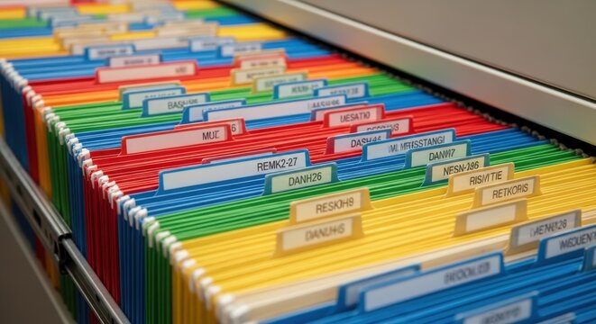 Precisely aligned colorful hanging file folders in an office filing cabinet drawer
