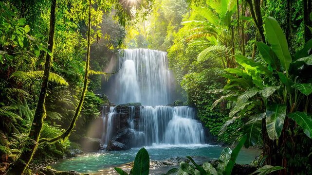 Serene waterfall cascading through lush vibrant tropical rainforest with sunlight filtering through trees