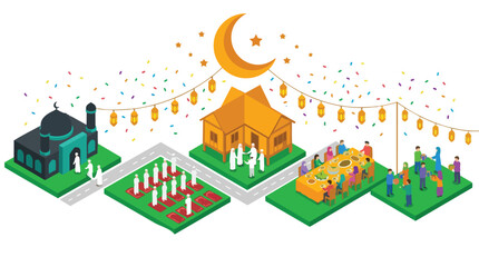 Obraz premium Isometric Flat Design Illustration of Muslim Community Celebrating Eid Al fitr with Prayer Feast and Family Gathering