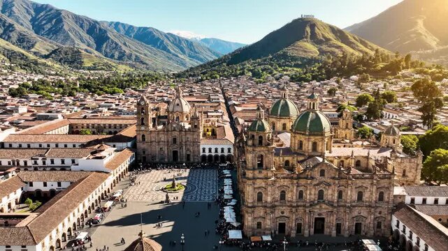 An aerial view showcases the historic city of Cuenca, Ecuador, nestled within a valley surrounded by majestic mountains, highlighting its stunning architecture and vibrant urban landscape.