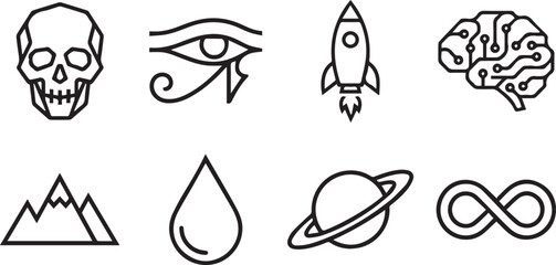 Outline Icon Set Skull Eye Horus Rocket Brain Mountain Water Drop Saturn Planet Infinity Symbol Science Mystic Space Vector Line Collection Isolated Background © PoremolChandra
