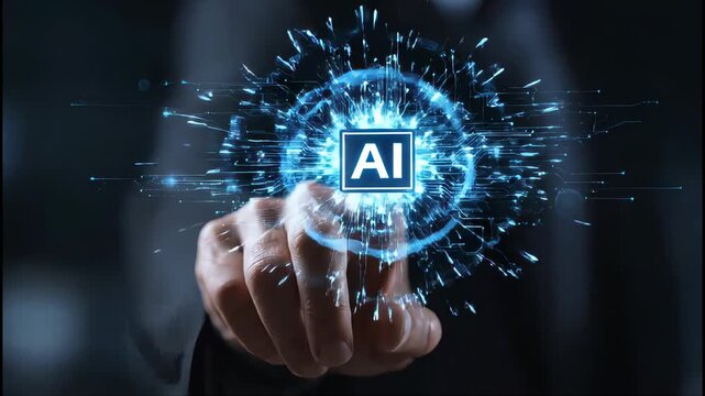 Finger touches glowing blue AI circuit board, symbolizing digital future