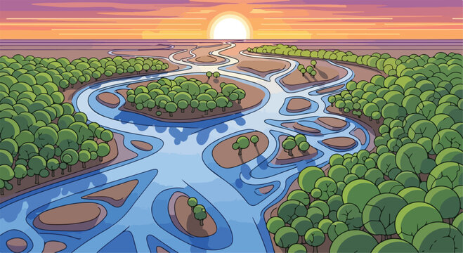 Stylized river delta landscape at sunset, aerial view of winding water channels and green forest islands, flat vector nature illustration