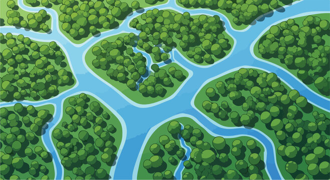 Aerial view river delta vector illustration, lush green forest islands and blue water channels, environmental landscape map background