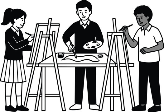 Black-and-white illustration showing three individuals painting at easels highlighting creativity, artistic expression, and collaborative art learning