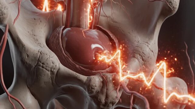 Cinematic macro medical animation of lumbar vertebrae with severe disc herniation pressing nerve root intense red orange glow pulsing waves spreading along nerve visualizing pain nerve twitching under