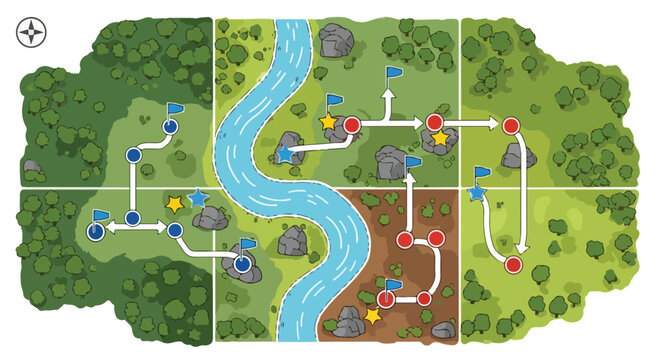Fantasy game map vector illustration, top down world map with river and forest, adventure board game level design with path markers and icons