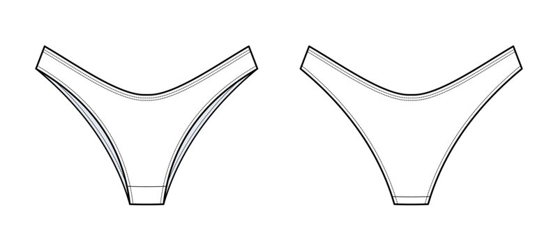 High Cut Thong Bikini Bottom Technical Fashion Illustration. Women Swimwear Vector Template. Front and Back View. Center Seam Detail. High Leg Opening. Minimal Beachwear. CAD Mockup S