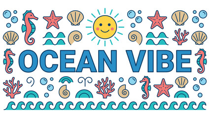 Ocean vibe tropical beach theme set with sea life illustrations for nautical print design. © MdJubayer