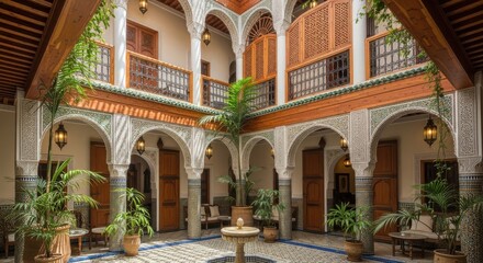 Naklejka premium Exquisite Moroccan Riad Interior Courtyard Featuring Intricate Arches, Vibrant Tiles, and Lush Greenery