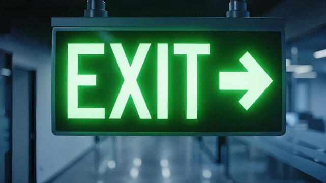 A glowing green EXIT sign with a right-pointing arrow hangs in a modern hallway