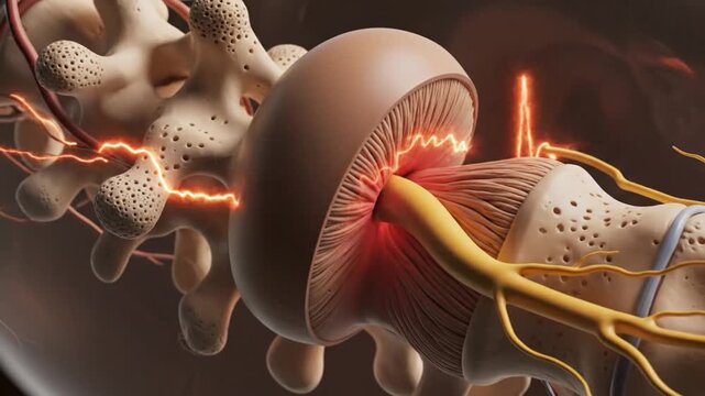 High detail close up 3D animation of spinal segment severe disc bulge compressing nerve root inflamed glowing region with rhythmic pulse wave effect nerve bending slightly realistic porous bone stretc